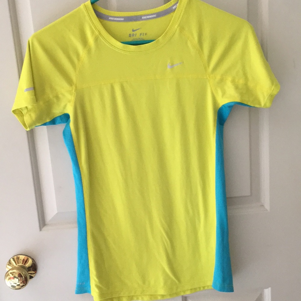 Neon Yellow and Blue Nike DRI FIT running shirt